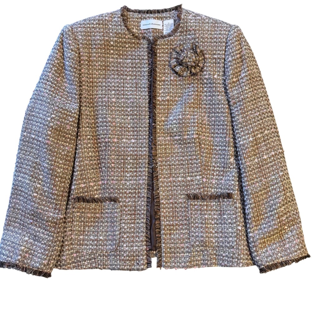 NWT Alfred Dunner Tweed Jacket 14 Brown Pink Fringe Open Front Vintage Charm